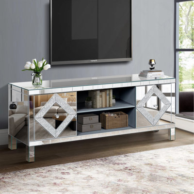 Meuble télé glamour pour téléviseur de 65 pouces et plus avec rangement ouvert et portes miroitantes, idéal pour les salons modernes