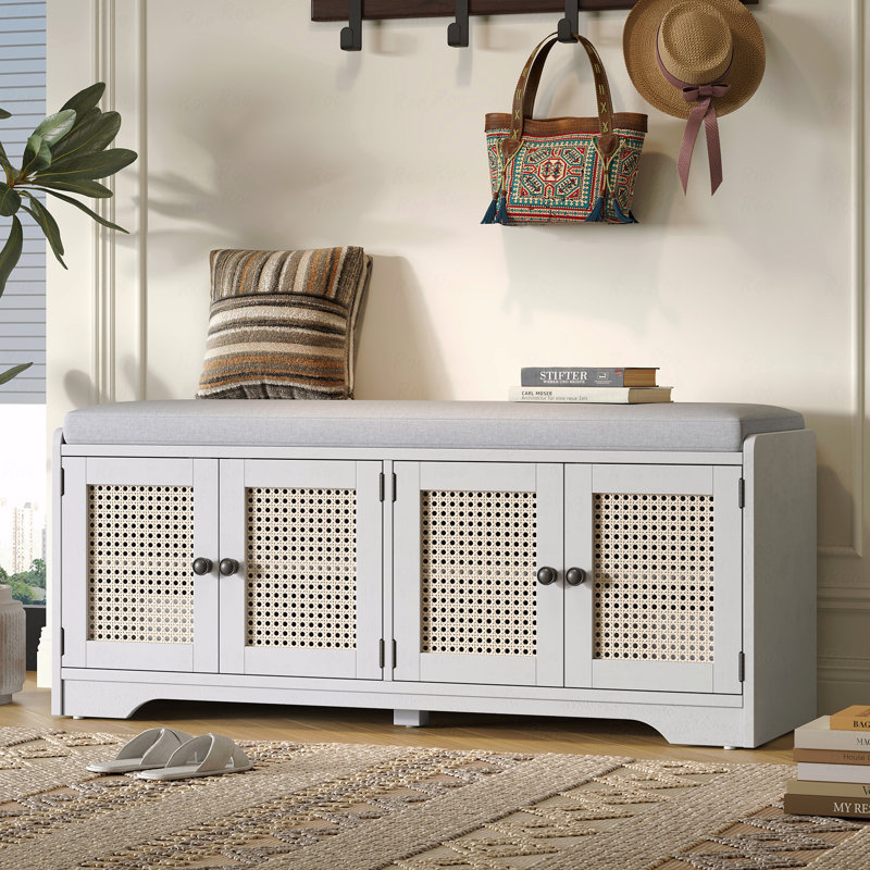 Banc de rangement pour chaussures, banc de rangement rustique, hall d'entrée multifonctionnel en bois avec coussin amovible, portes en rotin tissé et tablettes réglables