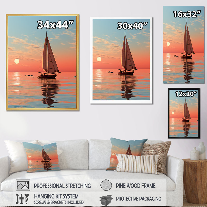 Photo de voilier côtier calme et rose sur toile, H 32 po x l 24 po x P 1 po, Cadre flottant doré