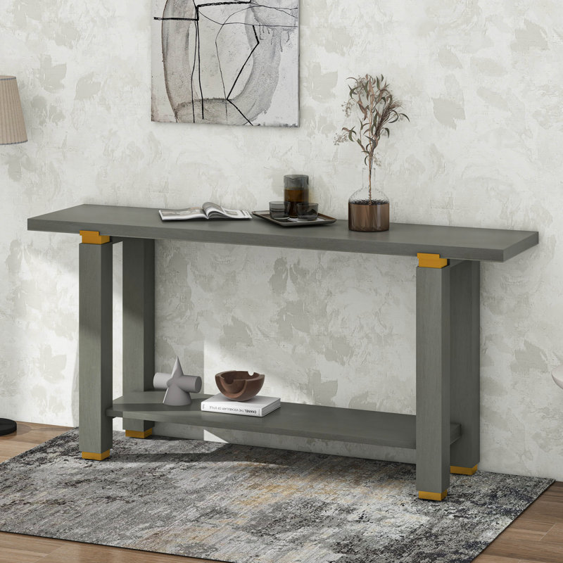 Console moderne minimaliste, canapé d'entrée en bois massif avec détails en métal, tablette intégrée, Gris