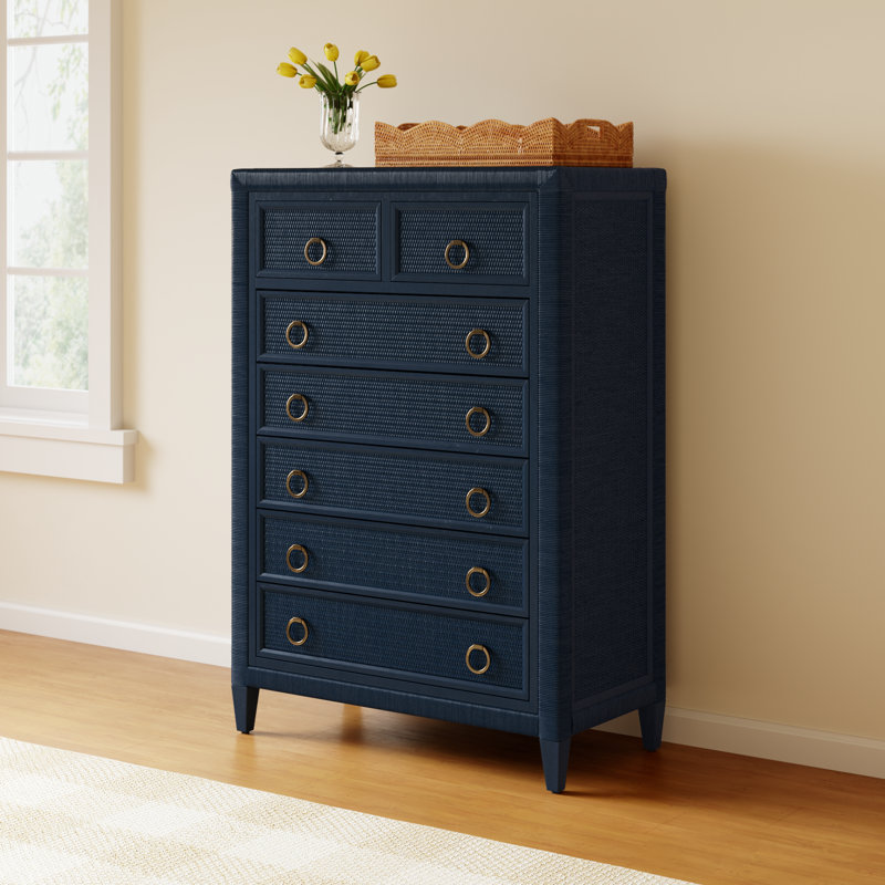 Warwick 7 Drawer Wicker Chest, Navy, Satin Brass