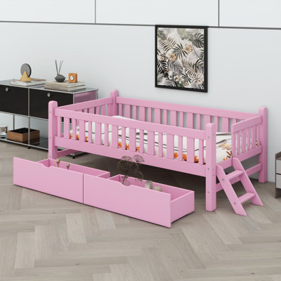 Base de lit plateforme avec barrière de sécurité et tiroirs de rangement
