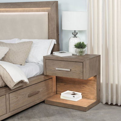 Bedroom Nightstand In Wood With 2 Drawers, Soft Barley Brown, Built-In Led, Open Lower Shelf, 26.13 Inches High 26 Deep