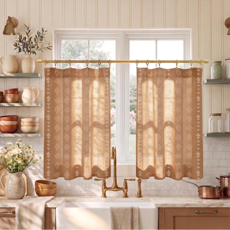 Rideaux de cuisine de style bohème rustique, rideaux western couleur terre cuite pour chambre et salon, ensemble de 2 panneaux, couleur rouille