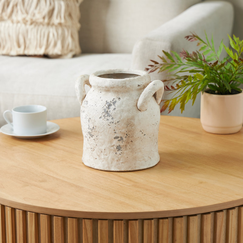 Tifni Cole And Grey Ceramic Antique Style Distressed Decorative Vase With Handles, Cream, 8.3" H x 8.5" W x 7" D