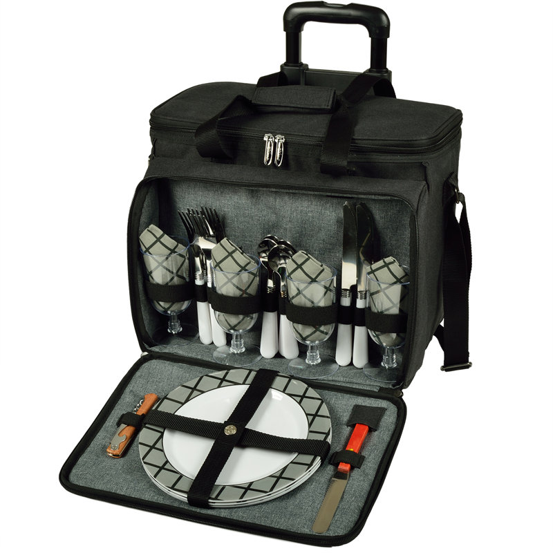 Charcoal Insulated Rolling Picnic Cooler with Service for Four