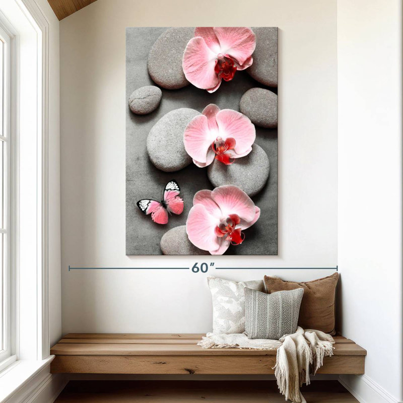 Harnek zen rose orchidées et papillon, H 51 po x l 34 po