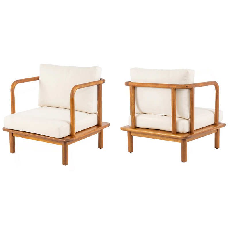 Ensemble de 2 fauteuils club en acacia avec coussins crème