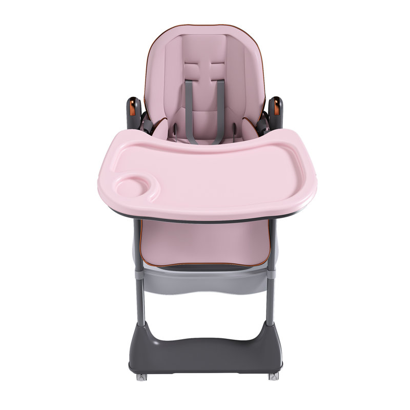 Chaise haute réglable rose pour 6 mois à années, avec structure en acier renforcé, base en pointe, plateau double couche amovible, 5 réglages de hauteur et salle à manger ergonomique de voyage à domicile