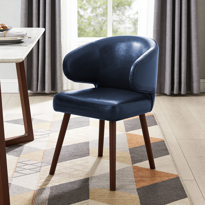 Chaise de salle à manger moderne en cuir PU avec dossier incurvé et pieds en bois massif, Bleu