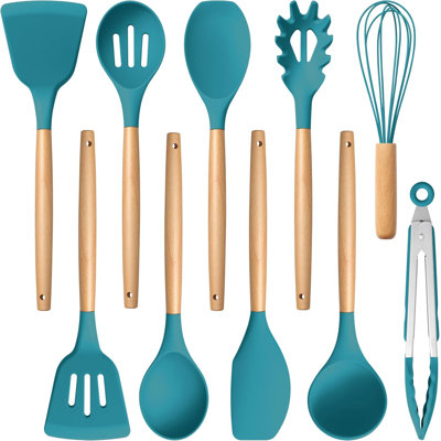 10-Piece Silicone Cooking Utensils Set With Wooden Handle, Heat Resistant Nonstick Kitchen Tools For Safe And Healthy Cooking