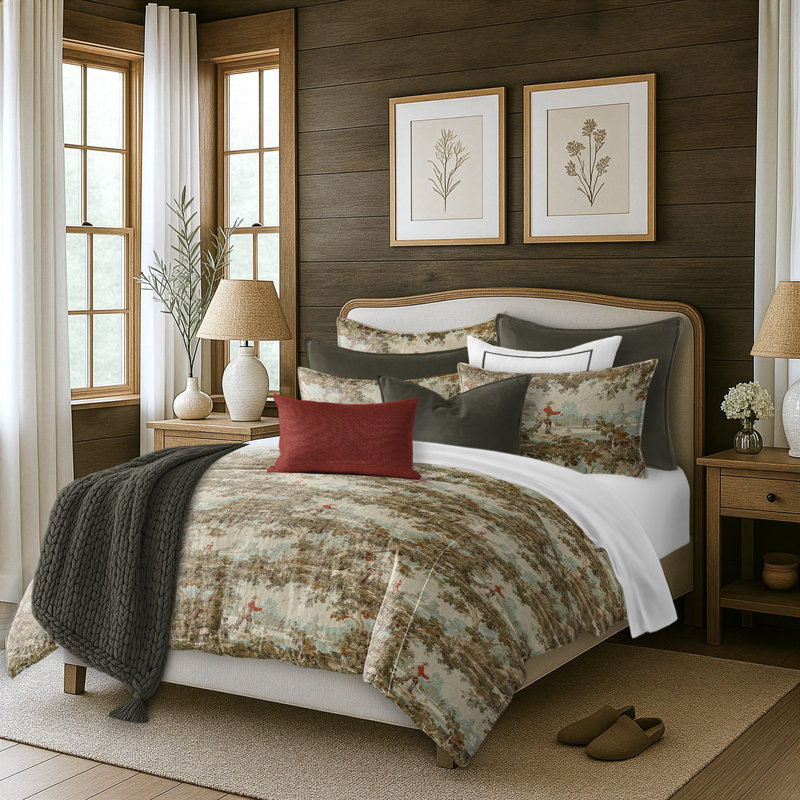 Greenwood Ivory/Red Linen Duvet Cover Set, Queen Duvet + 2 Queen Shams