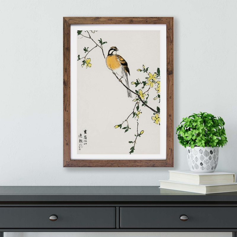 Meadow Bunting Bird and Yellow Flowers by Numata Kashu - Framed Print, Walnut, 33cm H x 45cm W x 2cm D