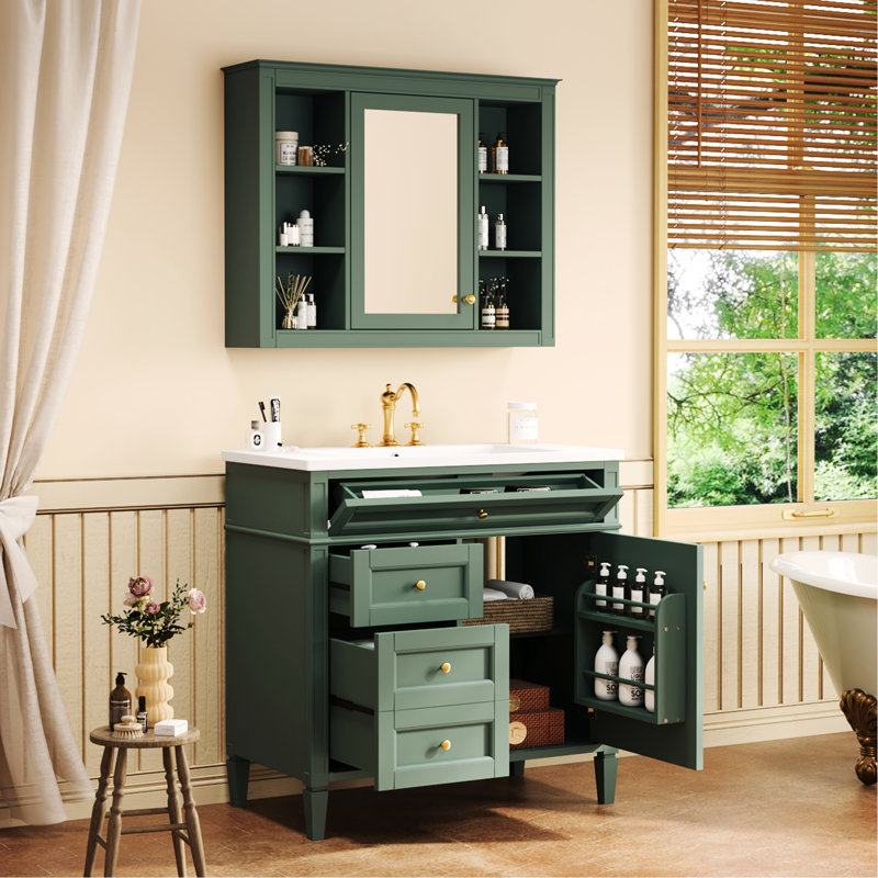 Meuble-lavabo de salle de bain avec lavabo pré-percé à trois trous, miroir et armoire de rangement à fermeture douce, 2 portes et 4 tiroirs pour un décor moderne