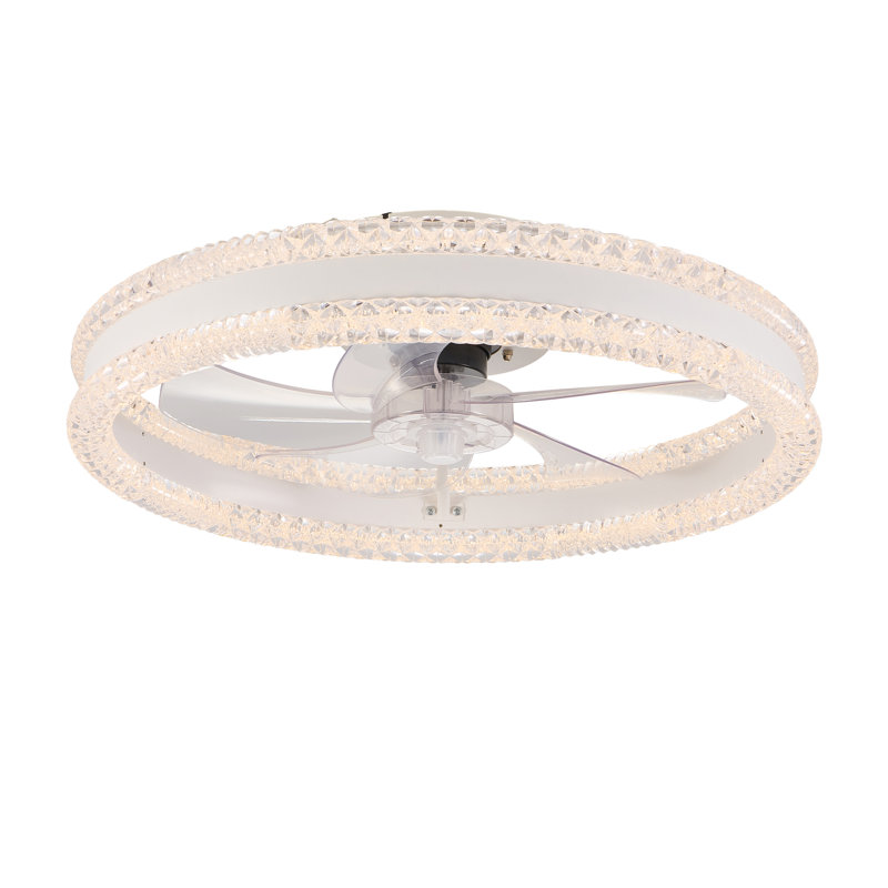  20" Crystal Ceiling Fan With LED Light And Remote, Double Ring Modern Flush Mount Hidden Blades Ceiling Fan, White