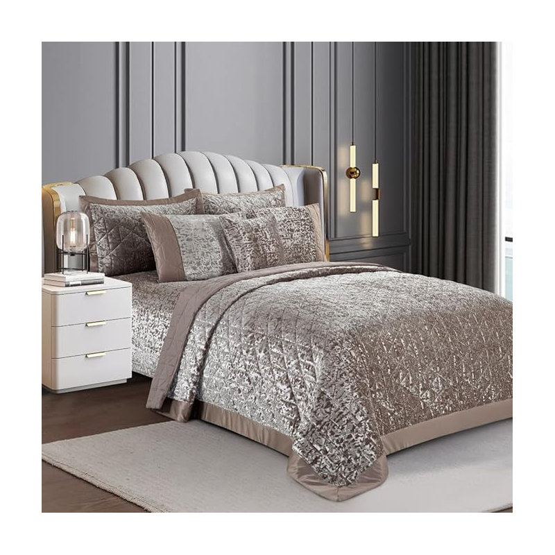 Bohara Velvet Plush Velvet Bedspread with Pillow Shams, Mink, Double/King Bedspread + 2 Pillow Sham