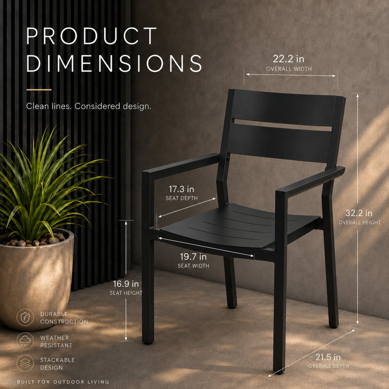  Ensemble de 2 chaises de salle à manger en aluminium empilables en aluminium pour l'extérieur, avec accoudoirs, léger et léger pour patio, pelouse, jardin, cour arrière, terrasse