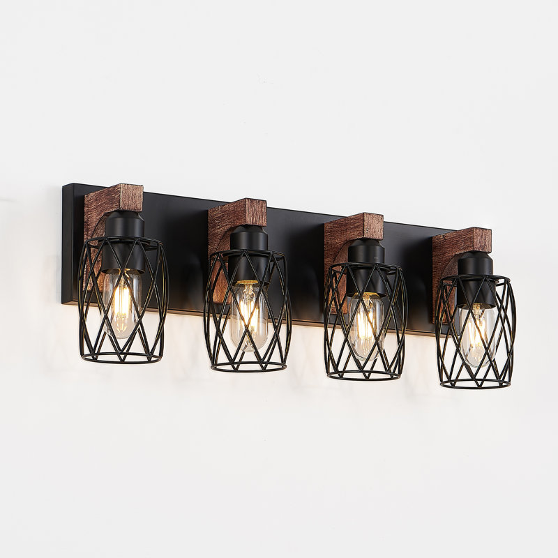 4-Light Industrial Farmhouse Wood and Black Metal Vanity Light with Mesh Metal Shades, 4 Lights