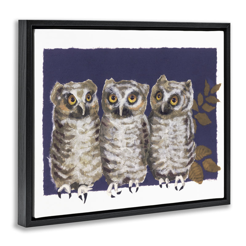 «Owl Trio & Leaves», art mural sur toile par Nancy Overton, Cadre flottant noir de jais, H 17 po x l 21 po