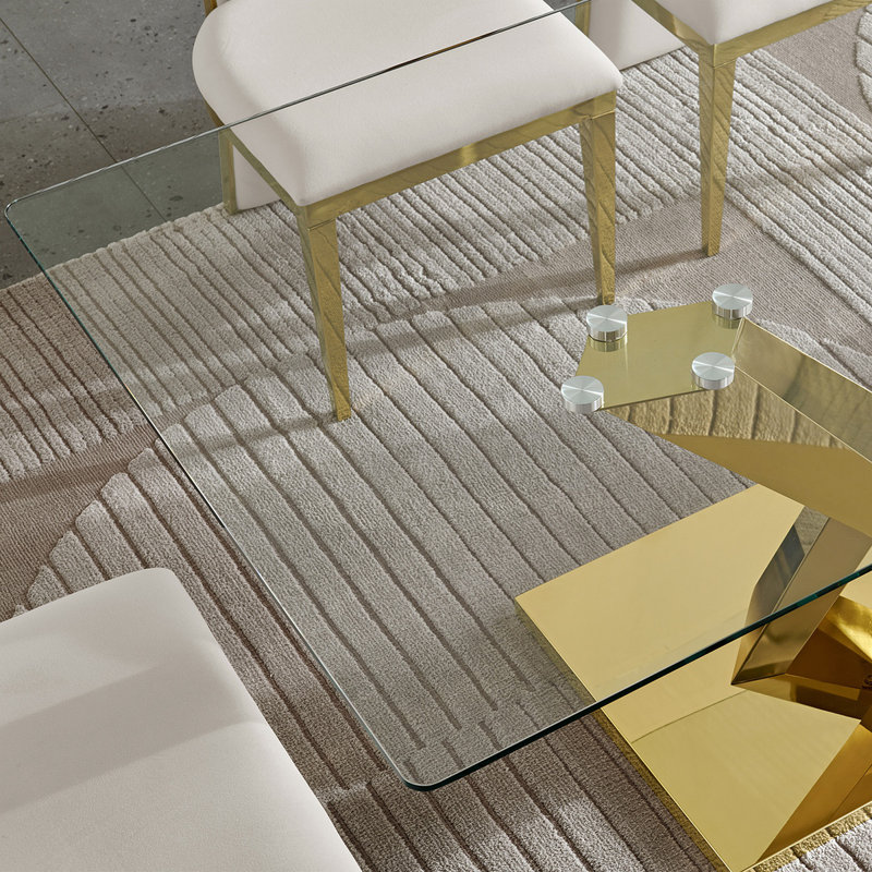 Table de salle à manger en acier inoxydable doré avec plateau en verre trempé transparent de 70,08 pouces