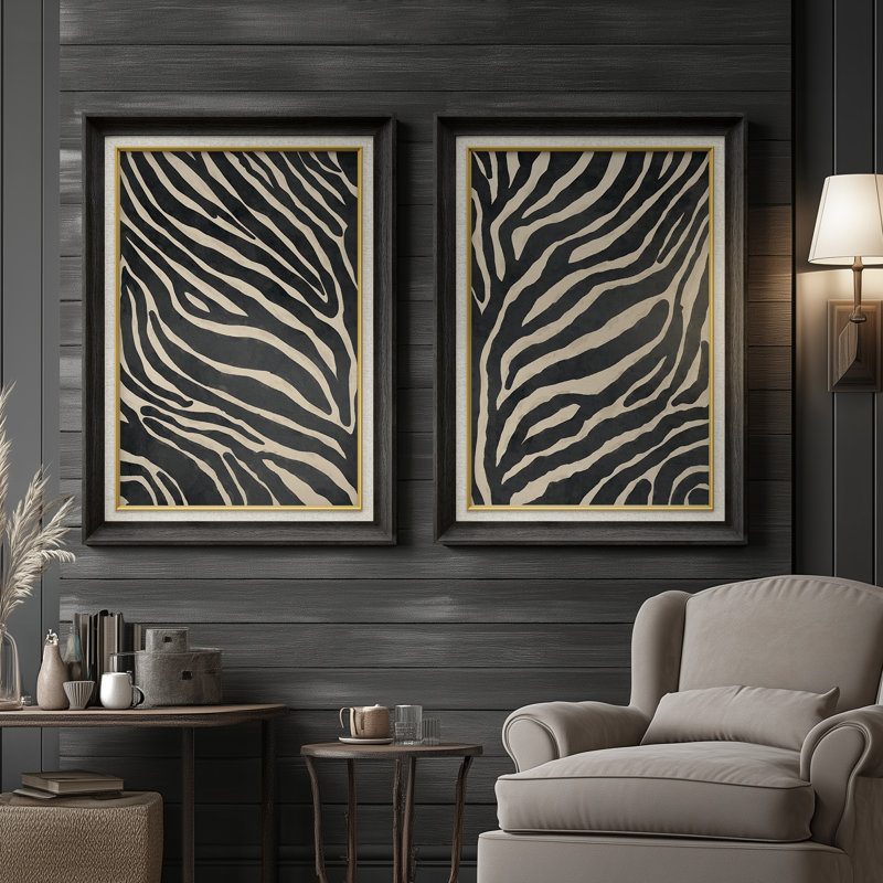 Motif zébré audacieux monochrome - ensemble de 2 reproductions d'art mural encadrées de qualité supérieure sur papier 26 po x 36 po