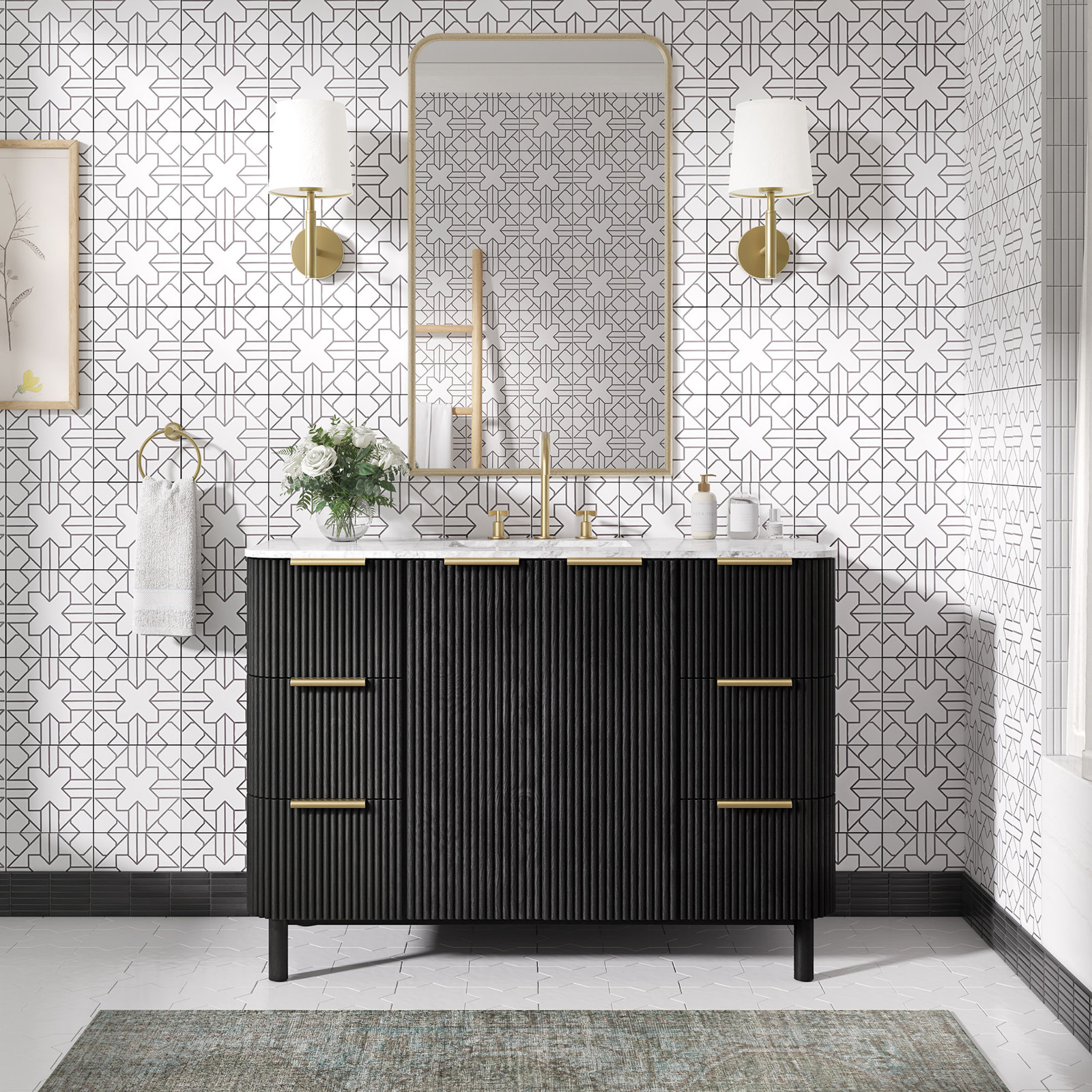 Nova 48" Carrara Marble Single Bathroom Vanity, Black Reeded Birch