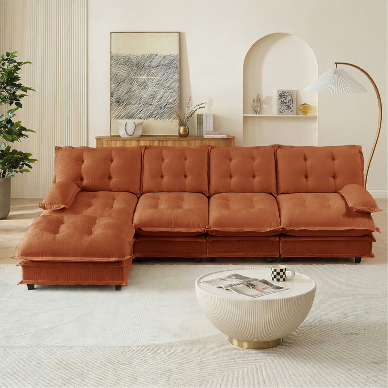 Canapé modulaire modulaire en forme de L de 138 po en forme de L avec repose-pieds 4 places, canapé en chenille profonde avec coussin en treillis confortable décoré, chambre et appartement, orange