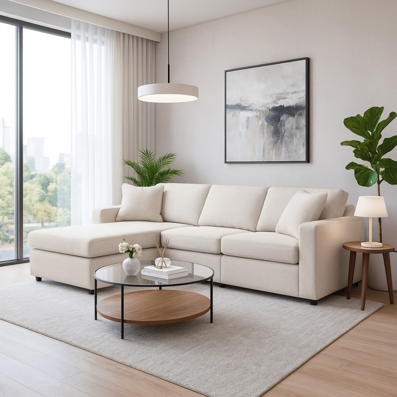 Bulwell Sectional With Chaise, Beige Polyester, Left Hand Facing, 36" H x 109" W x 68"D