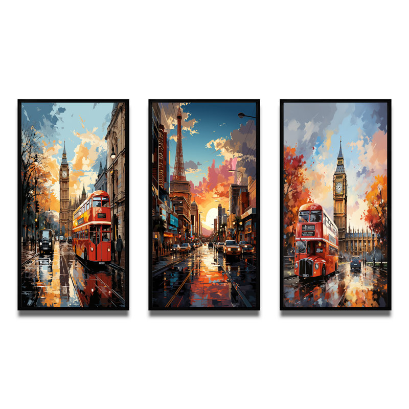 Red Beige City London Popart - ensemble d'art urbain de 3 pièces, Cadre noir, H 20 po x l 36 po