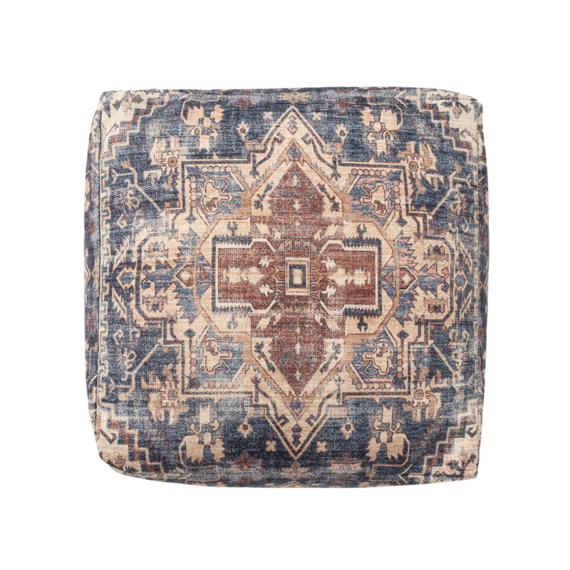 18" Navy Blue and Terra Cotta Upholstered Medallion Pouf Ottoman