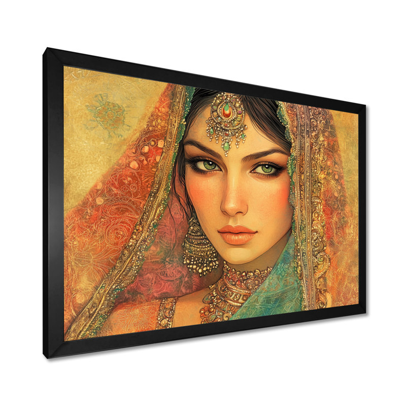 Femme du Rajasthan baignée de lumière - Tableau doré encadré de style moghol, H 30 po x l 40 po, Black Picture Framed