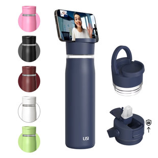 LISI 24Oz Insulated Water Bottle, Double Wall Stainless Steel Water Bottles With Straw, 100% Leak-Proof Travel Thermal Canteen Mug With 2 Lids (Straw, Phone Holder Lid)