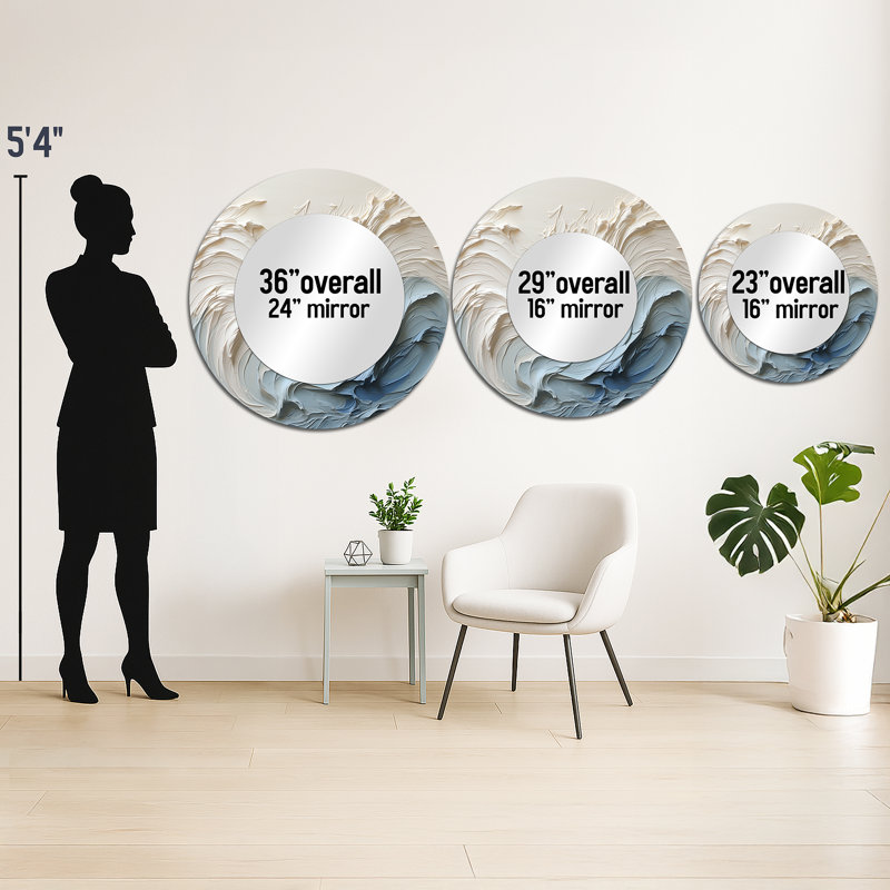 White And Blue Wave Papercut Style - Waves Unique Wall Mirror Decor, Coastal Large Round Mirror, Printed Metal Art, 29" x 29"