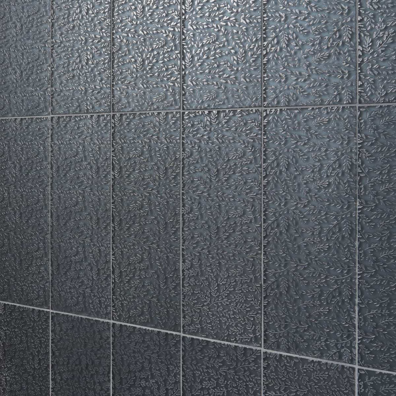 Sonya Flowers 6x16 Frosted Glass Tile, Midnight Gray