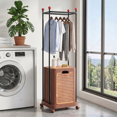 Rattan Style Laundry Hamper with Clothes Rack, Rolling Laundry Basket with Lid & 4 Wheels, Foldable Hamper Organizer with Locking Casters, Laundry Sorter for Bedroom, Bathroom, Closet