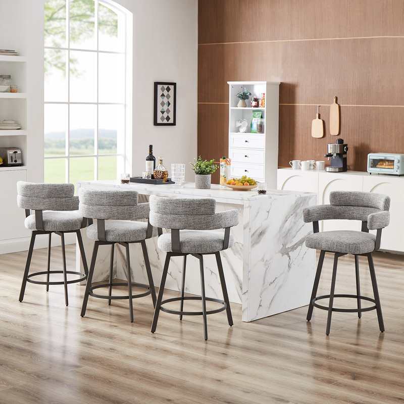 Kassy Swivel Full Back Linen Upholstered Metal Bar and Counter Stool, Counter Stool (24" Seat Height), Gray