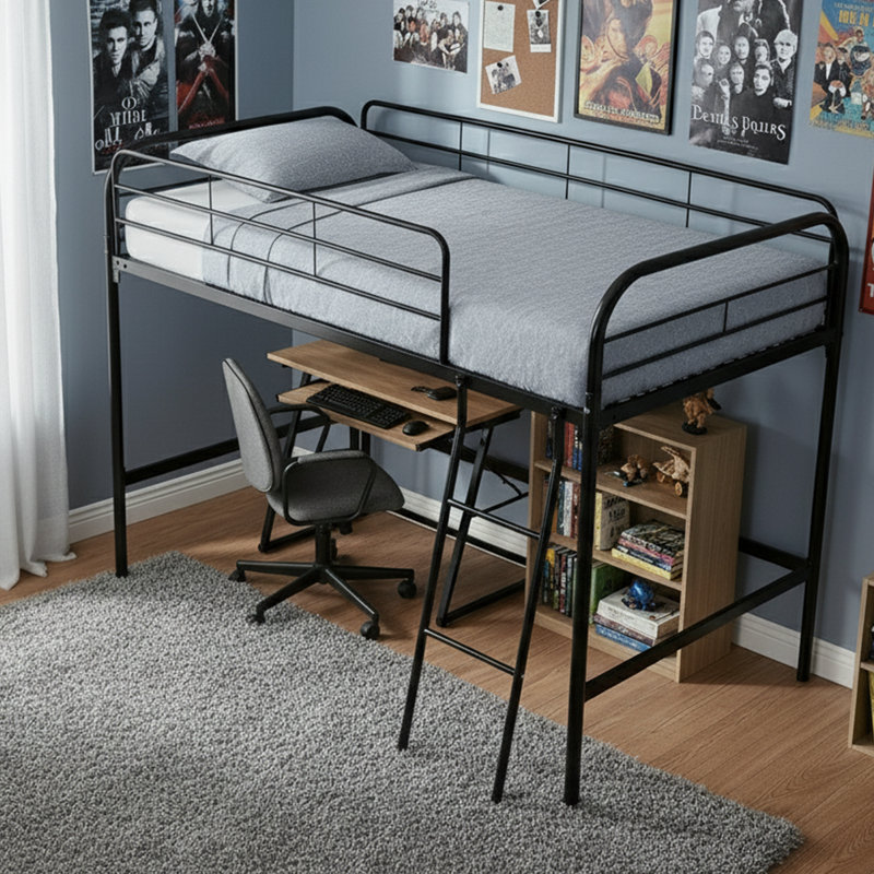 Lit mezzanine simple en métal 77,95 po avec double échelle et marches de rangement - Lit mezzanine haut profil bas de 50 po - Capacité de 250 lb - Noir