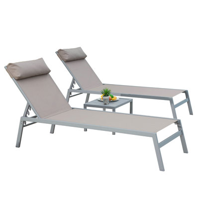 Adjustable Reclining Metal Outdoor Chaise Lounge with Table (Set of 3) 