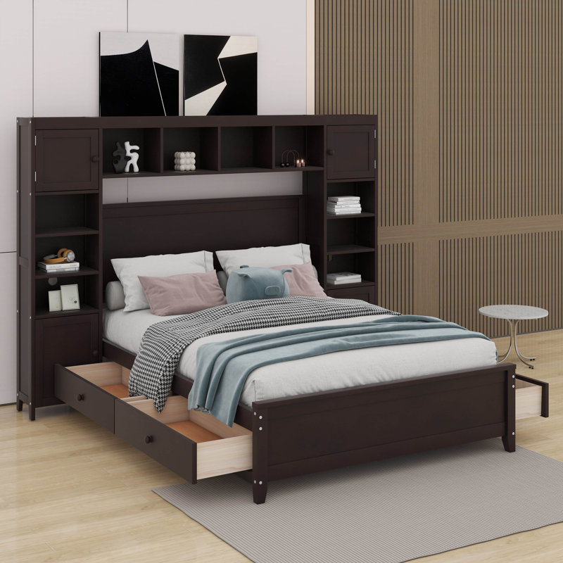 Lit double en bois avec tablette et armoire