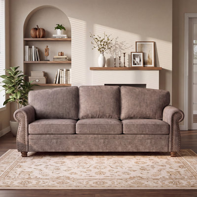  Vintage Living Room Standard Couch, 89" Traditional Upholstered Nailhead Trim 3-Seater Sofas & Couches With Rolled Arms And Wood Legs For Farmhouse, Apartment, Chenille, Brown