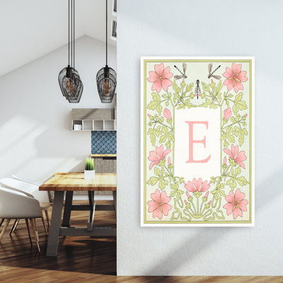 Pink Floral Letter E Delicate Elegant Vintage Dragonfly Flower Nature Wall Art Print