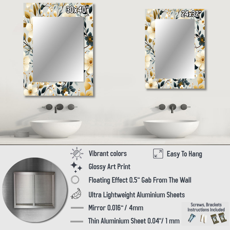 Aleia White and Beige Minimalist Floral Bedding - miroir décoratif floral, miroir mural floral, impression d'art en métal