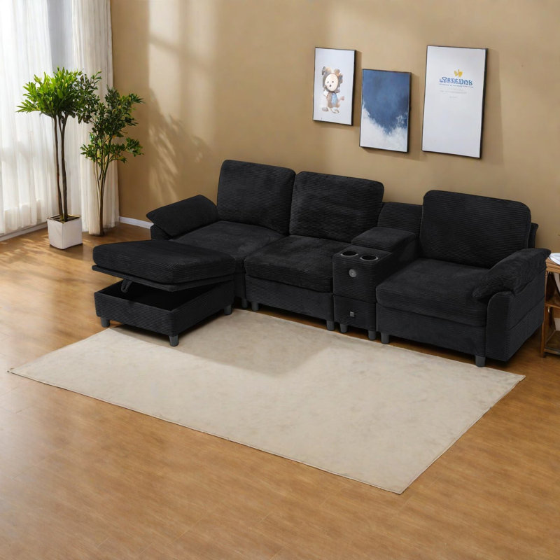 Canapé d'angle moderne avec rangement, canapé multifonctionnel à structure en bois pour la maison, Noir