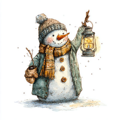 «Snowman with Lantern Warm Glow», art mural sur toile tendue