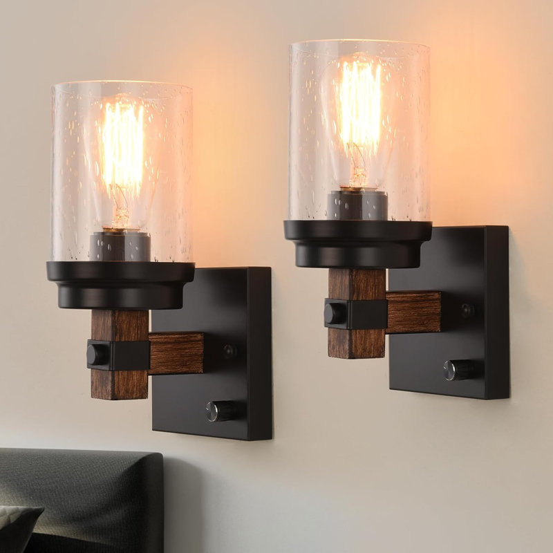 Dimmable Rustic Wall Sconces Vintage Wood Farmhouse Light Fixtures Bathroom Vanity Light Grain Black