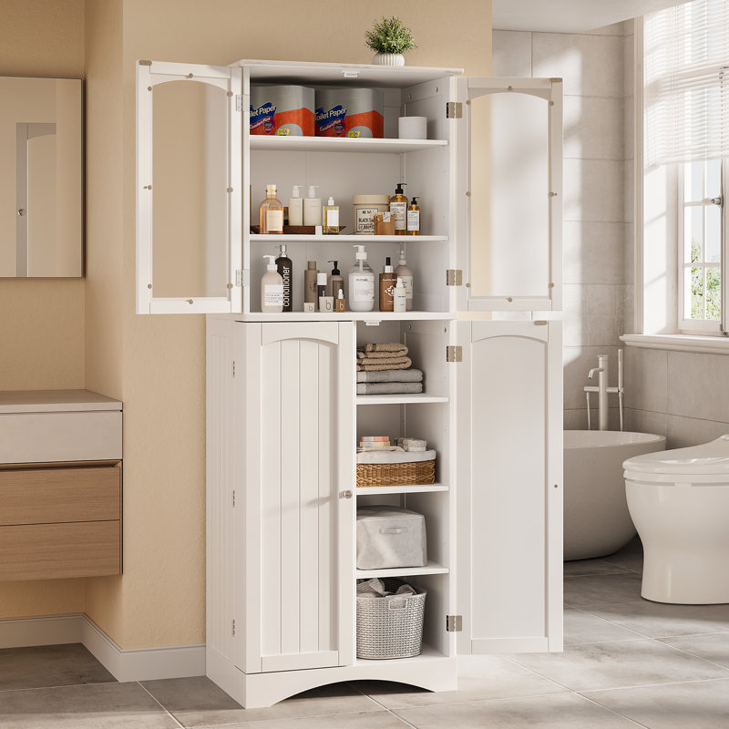 Tall Farmhouse Kitchen Pantry – Acrylic Glass Door, Guardrail Doors & Adjustable Shelves, White