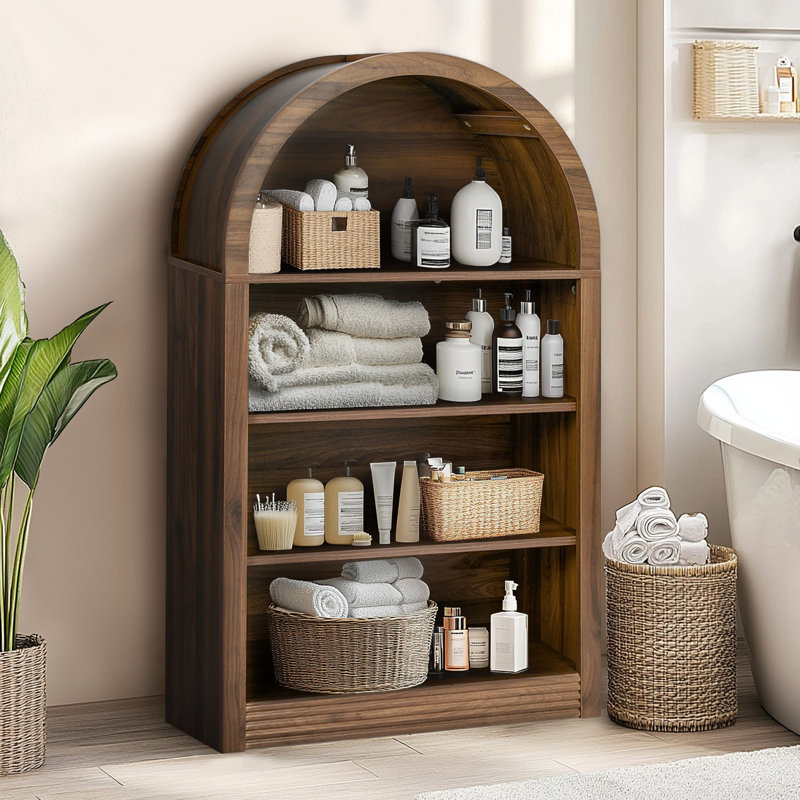 Free Standing Small Bathroom Storage with Open Shelves, Walnut