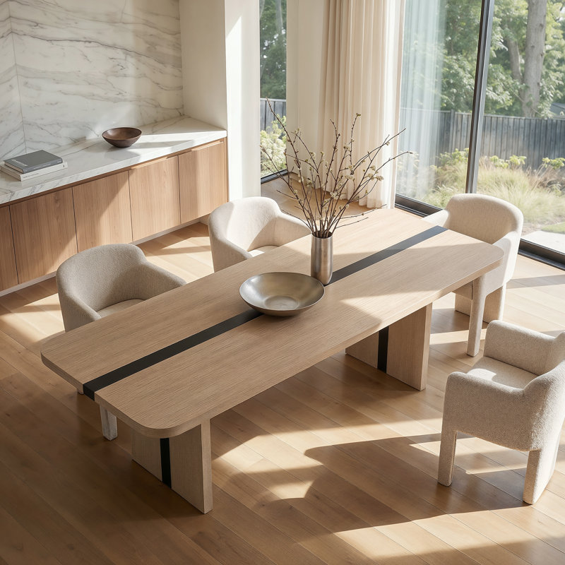 Table de salle à manger à grain de bois moderne 86,6 po avec base double piédestal