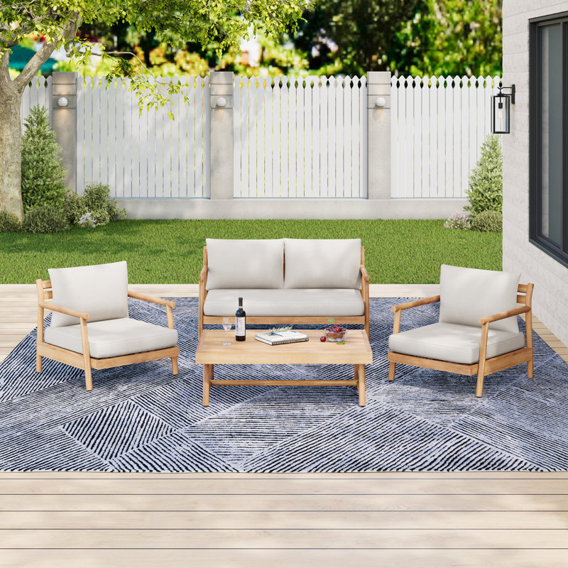 Flora Outdoor 4-Piece Acacia Wood Conversation Set With Cushions
