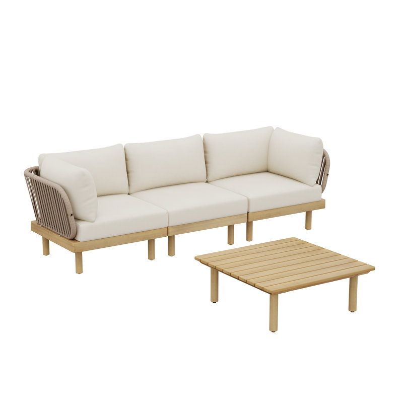 Ensemble de conversation d'extérieur en bois d'acacia avec dossier en corde, coussins et table basse Rhea, 3